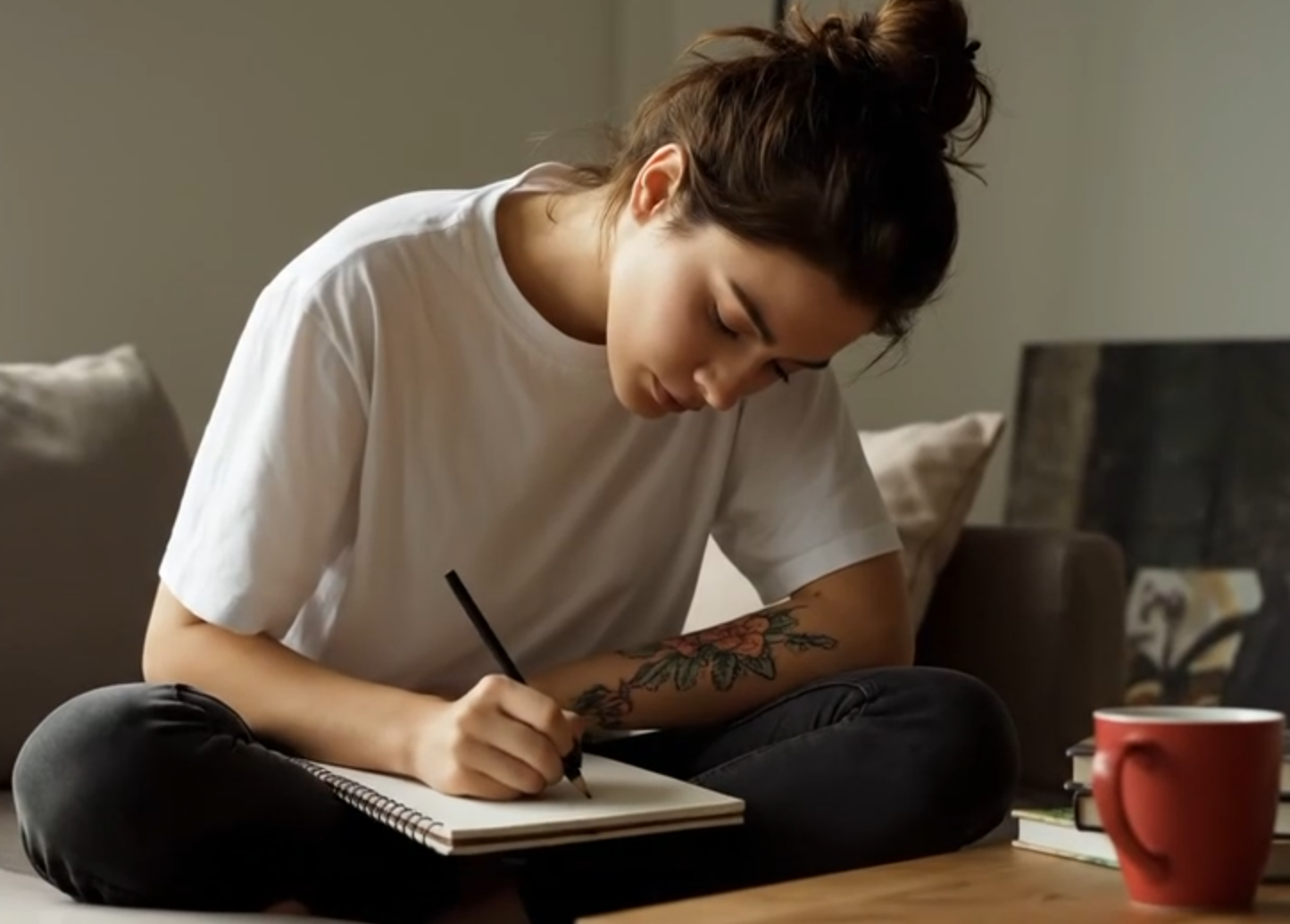 Drinking tea while creating art